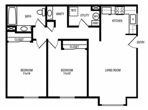 Floor plan of a two-bedroom apartment with a bathroom, kitchen, living room, and utility closet.