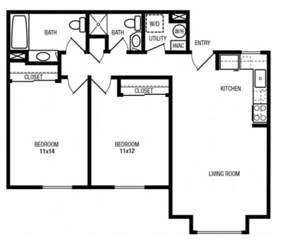 Floor plan of a two-bedroom apartment. Shows rooms like the kitchen, living room, bedrooms, and bathrooms.