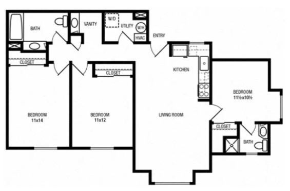 Floor plan of a two-bedroom apartment. Includes a kitchen, living room, and two bathrooms.