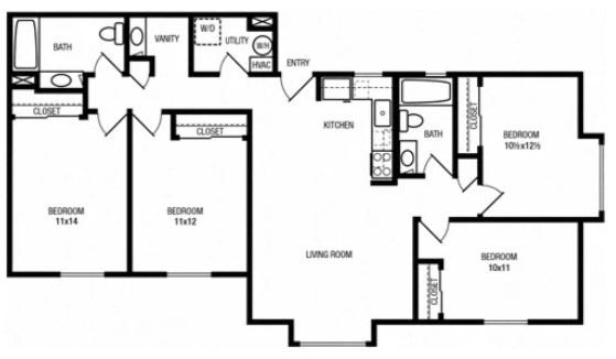Floor plan: 3-bedroom apartment layout with kitchen, living room, 2 bathrooms, and laundry area.