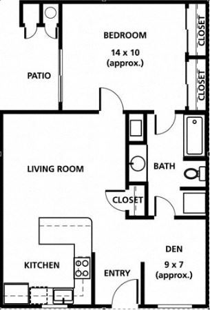 Floor plan: bedroom, living room, kitchen, den, bath, and patio.