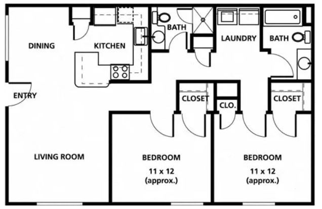 Floor plan of a two-bedroom apartment with a kitchen, dining area, living room, two bathrooms, and laundry.