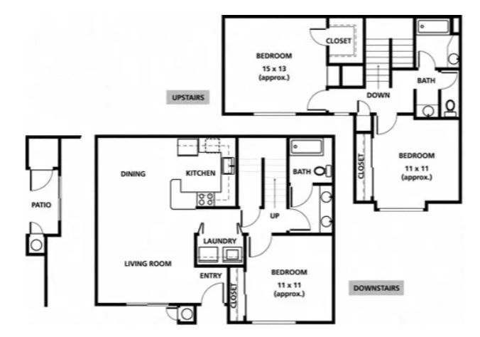 Floor plan of a two-story apartment. Includes bedrooms, bathrooms, living/dining areas, kitchen, and laundry.