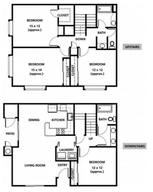 Two-story floor plan; upstairs: 3 bedrooms, bath; downstairs: kitchen, dining, living room, bedroom, laundry, and patio.