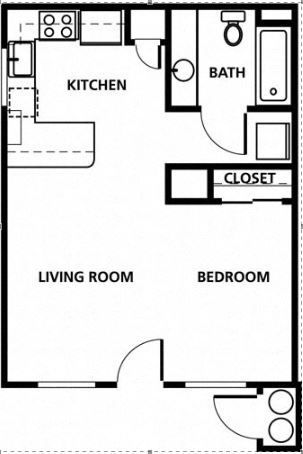 Floor plan of a small apartment: kitchen, living room, bedroom, bath, and closet.