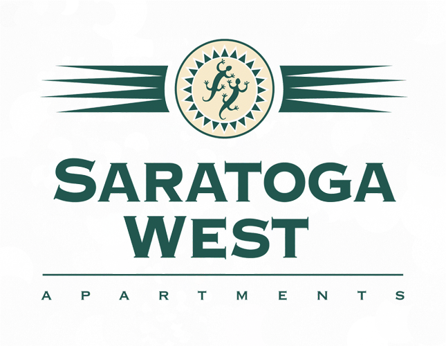 Saratoga West Apartments logo. Green text and accents, a circular emblem with lizards.