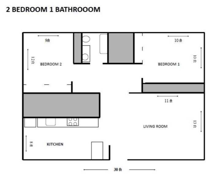 Floor plan of a 2-bedroom, 1-bathroom apartment. Includes dimensions for each room.