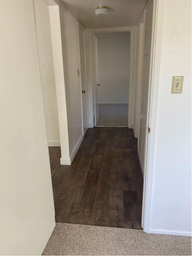 Hallway with brown wood-look flooring and white walls. Opens to a room with carpet.