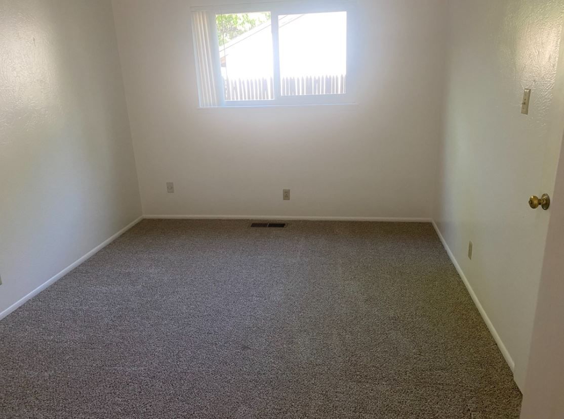 Empty beige-walled room with carpet, window, and closed door.