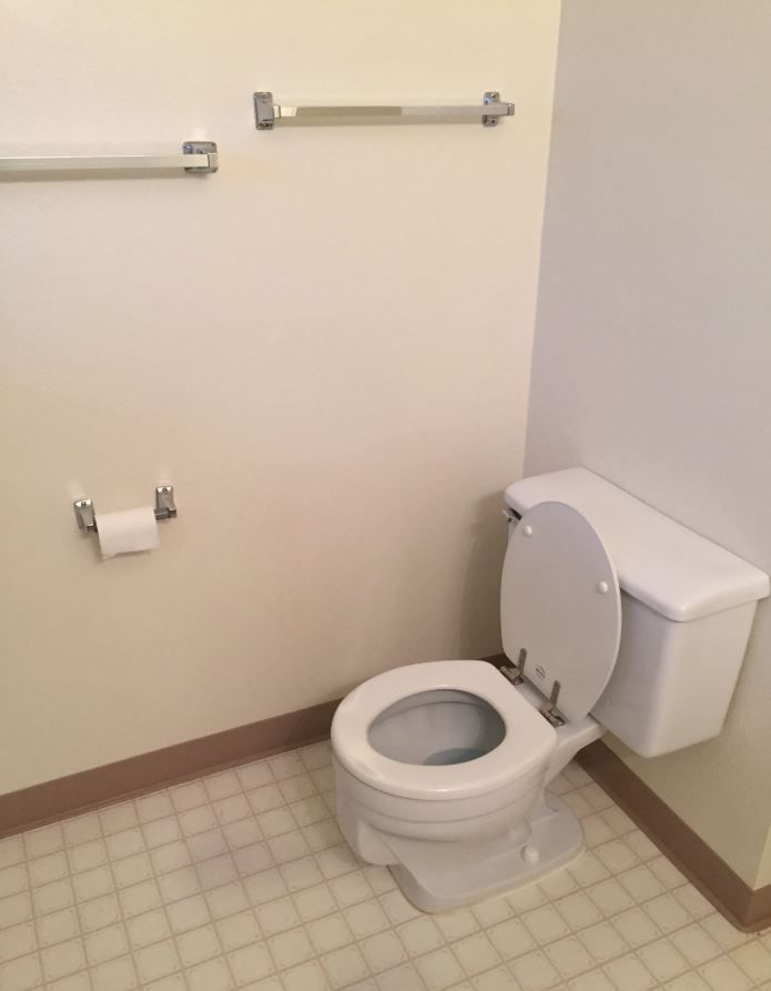 Toilet in bathroom with open seat, towel racks, and toilet paper holder.