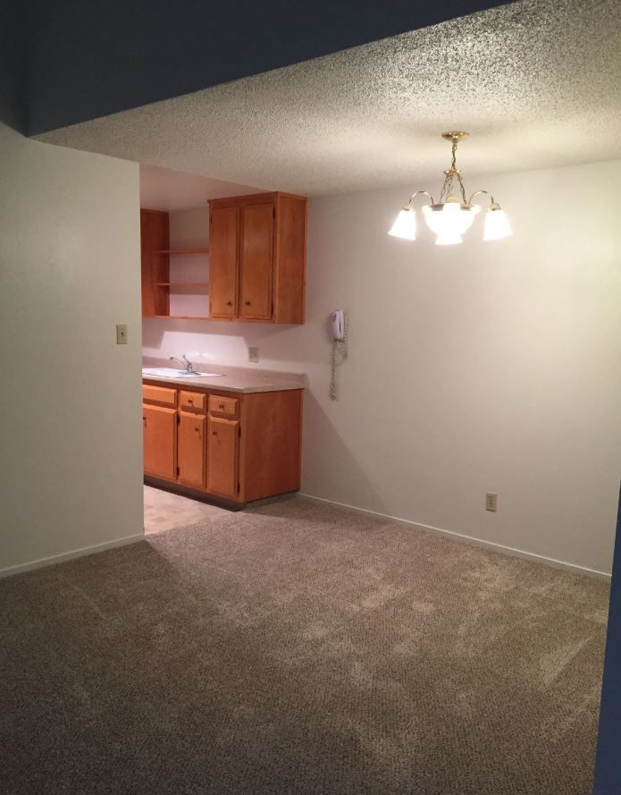Dining room with beige carpet, white walls, a light fixture, and a glimpse into the kitchen.