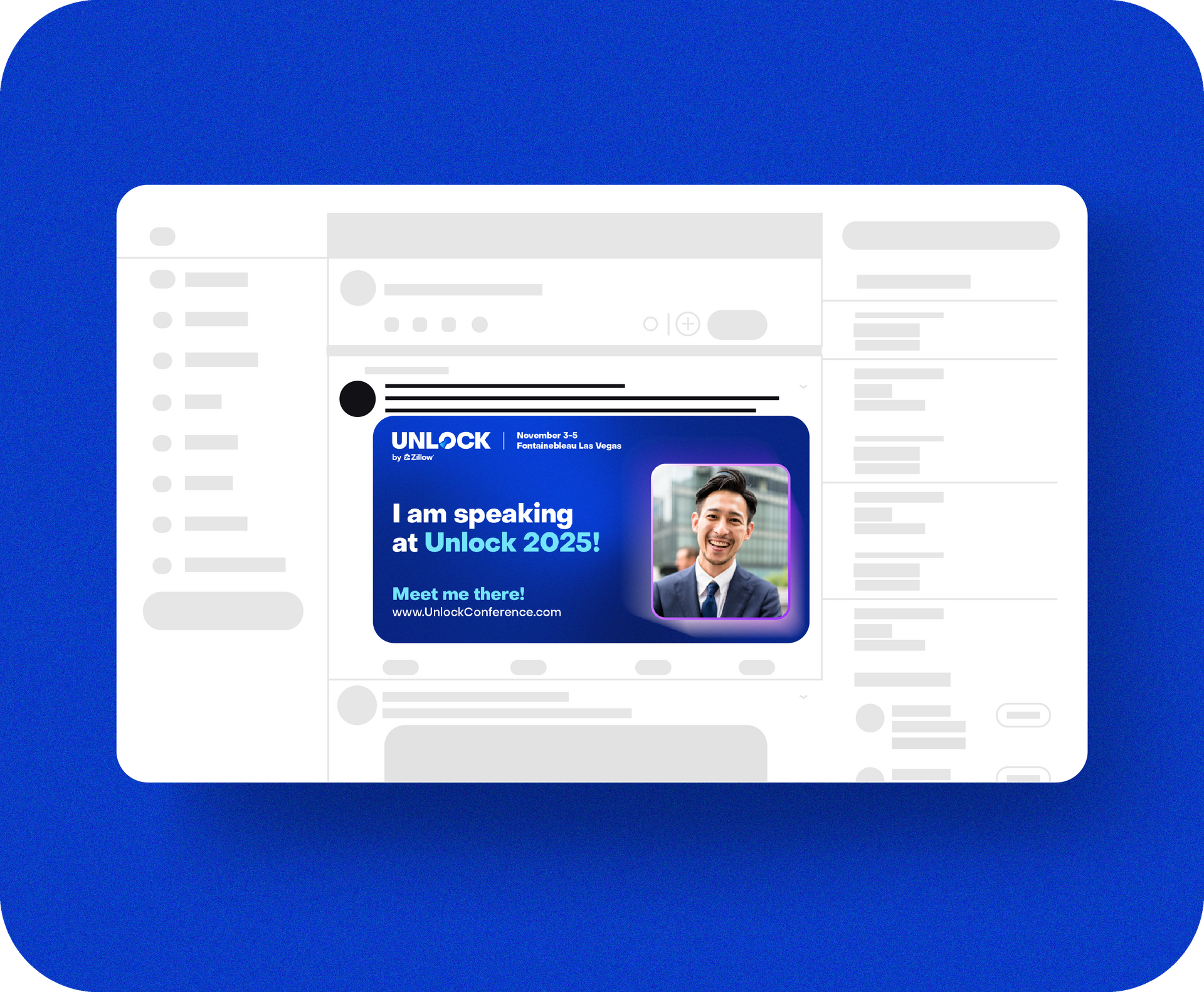 LinkedIn post announcing a speaker at Unlock 2025, featuring the speaker's photo and conference details.