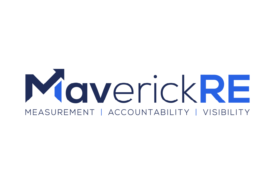 Logo for Maverick RE: blue text with upward arrow, tagline: Measurement, Accountability, Visibility.