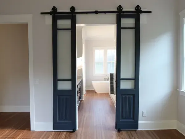 A room with sliding barn doors leading to a bathroom