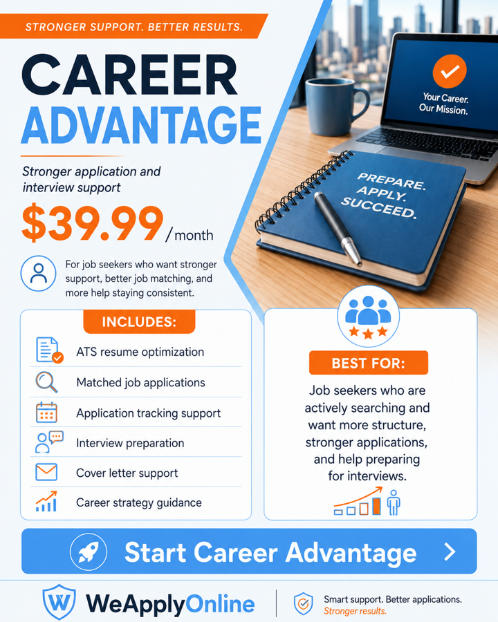 Career Advantage ad with laptop, phone, and marketing bullet points promoting support services for $39.99/month