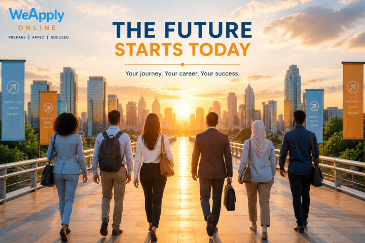 Group walking toward a city skyline at sunrise with the text “The Future Starts Today”
