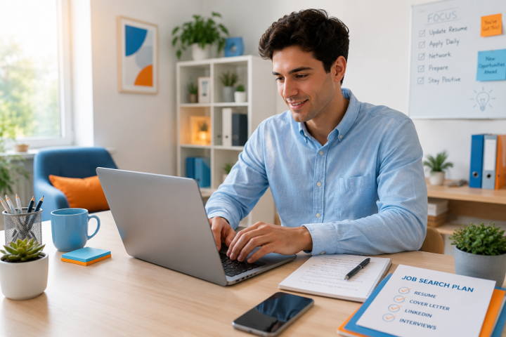 Man smiling while typing on a laptop at a bright desk with notes, coffee mug, and phone nearby