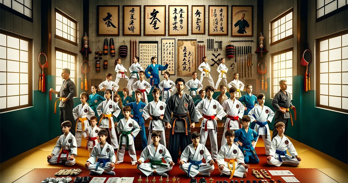 a group of people in karate uniforms are posing for a picture in a gym .
