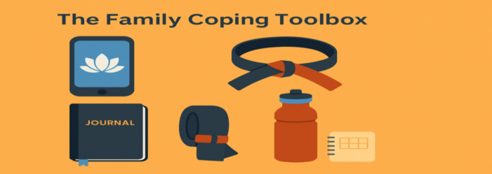 Flat digital illustration of a parent and child on martial arts mats, symbolizing support, calm, and resilience. Phoenix Martial Arts branding in background.