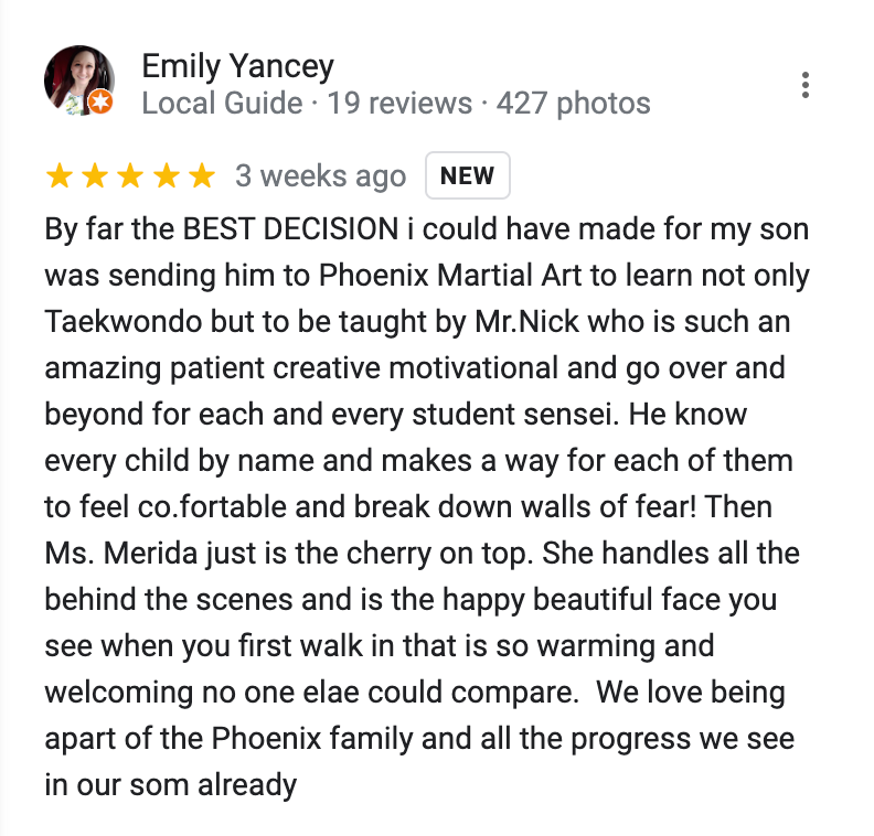 Emily yancey wrote a review for phoenix martial art