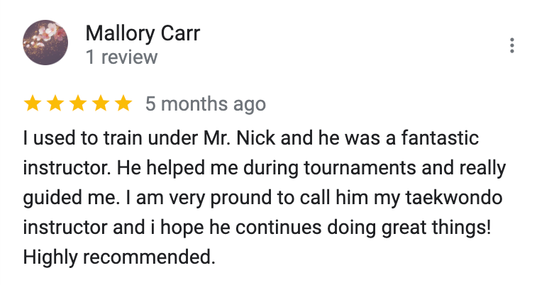 A review of mallory carr 's taekwondo instructor on google.