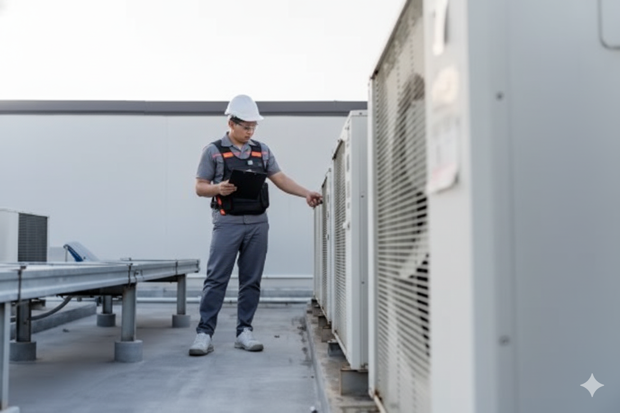 HVAC technician in gray uniform and hard hat inspecting rooftop air conditioning units, holding a tablet.