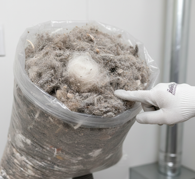 A clear plastic bag filled with lint, a gloved hand pointing at the mass.