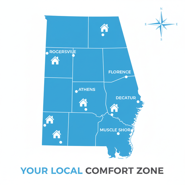 Map of Alabama with houses marking local comfort zones in various cities. Blue.