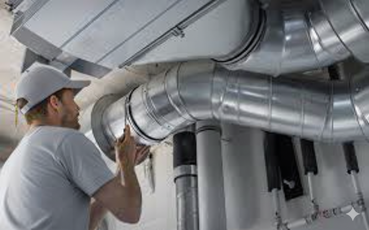 Man in a cap working on HVAC ductwork, in a building, with metallic tubes.