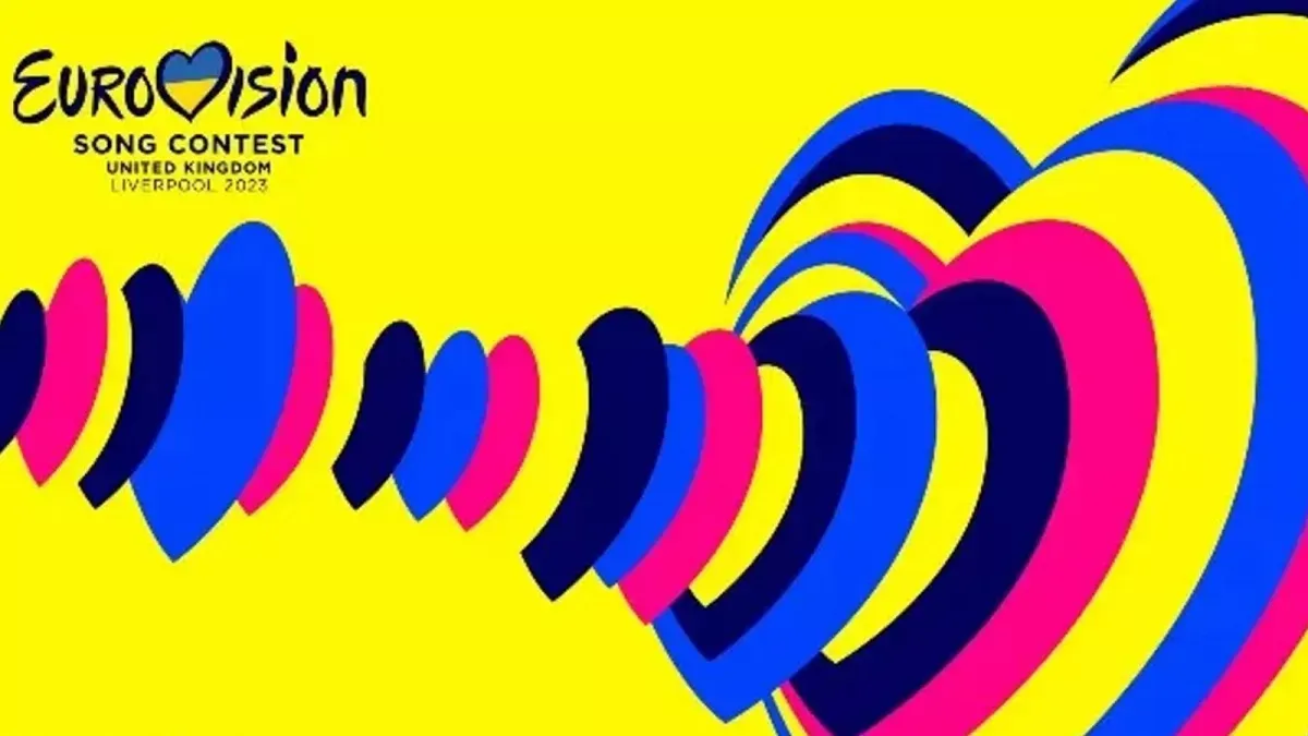 Eurovision Song Contest logo with blue, yellow, and pink heart shapes on a yellow background.