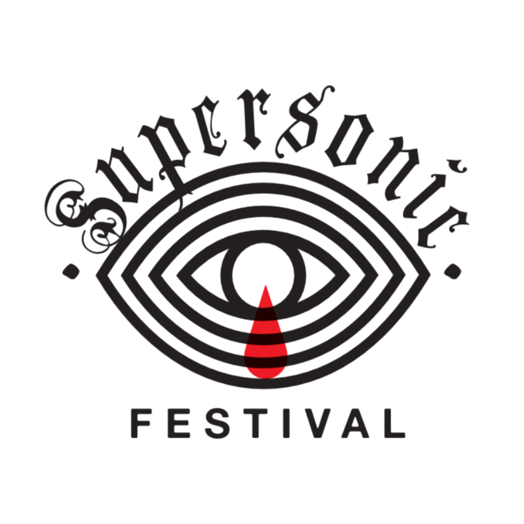 Supersonic Festival logo: Eye design with blood tear; gothic text,