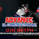 Advance EL Construction Inc. logo featuring a bulldog cartoon character with a hammer, over a house silhouette, with contact info.