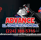 Logo for Advance El Construction Inc. features a bulldog with a hammer, phone number, and email.