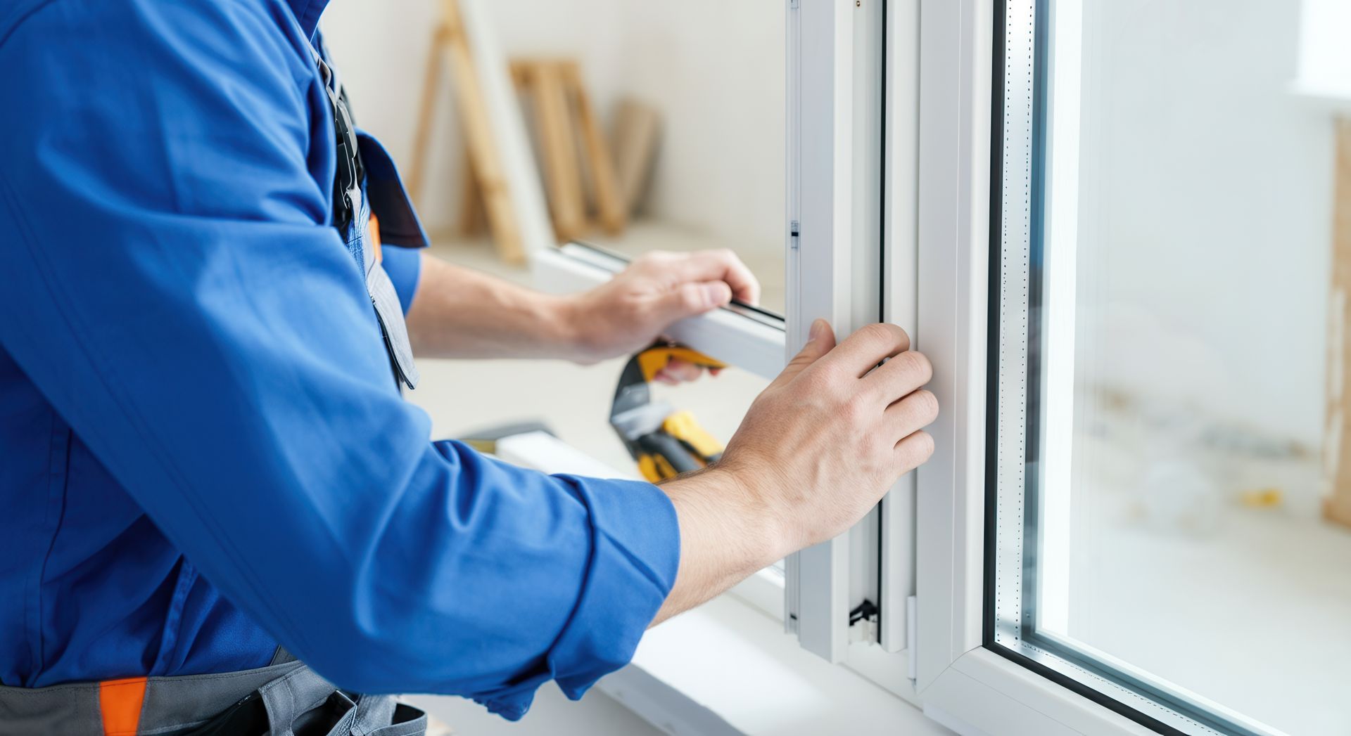 Worker installing or adjusting a white window frame with tools nearby. Worker installing or adjusting a white window frame with tools nearby.
