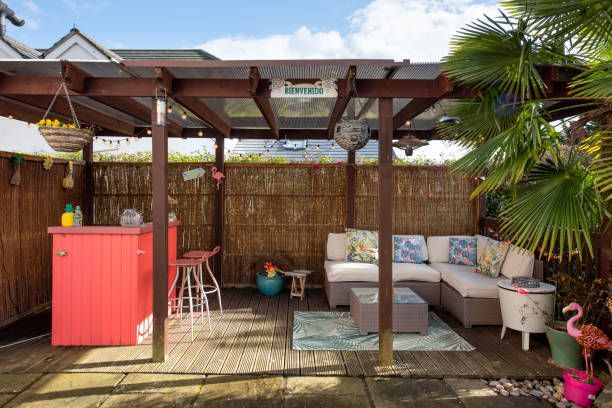 A patio with a pergola , couch , table and chairs.