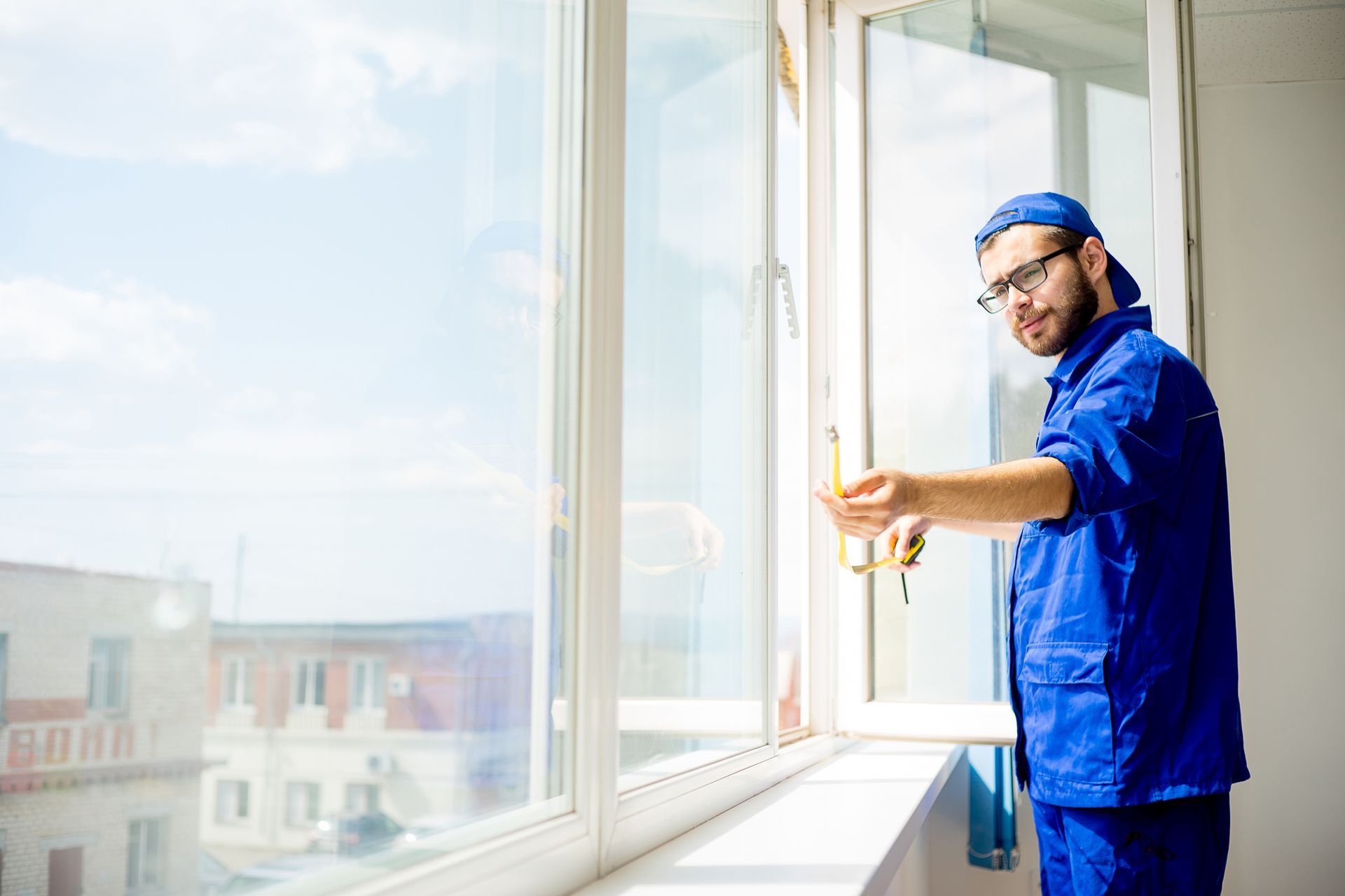 Man in blue overalls measures a window with a tape measure. Bright daylight.