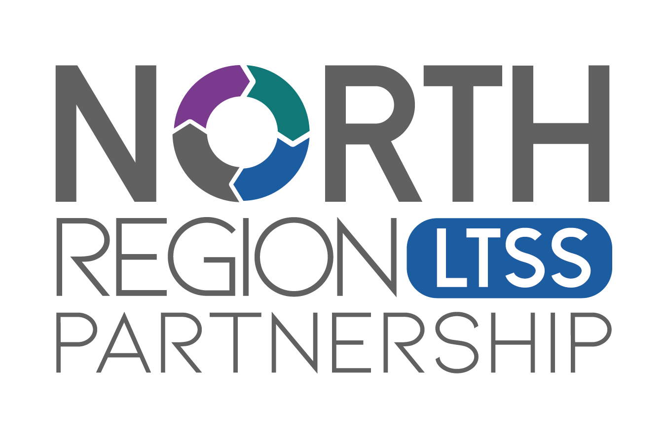 Logo for North Region Partnership. Gray text, a circular graphic with teal, purple, and blue.