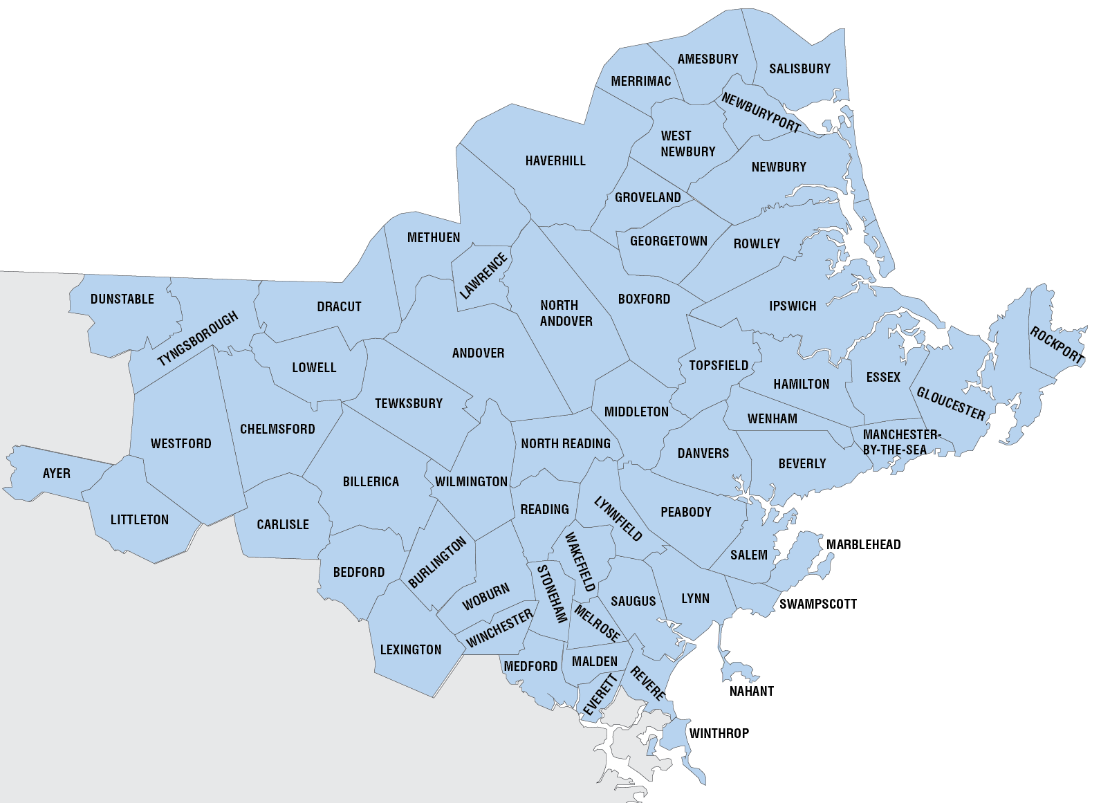 Map of the northeast corner of Massachusetts with numerous cities and towns labeled in blue.