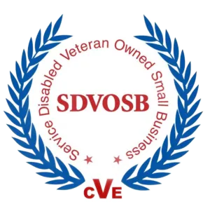 SDVOSB logo: Red text in a blue laurel wreath, indicating a disabled veteran-owned small business.