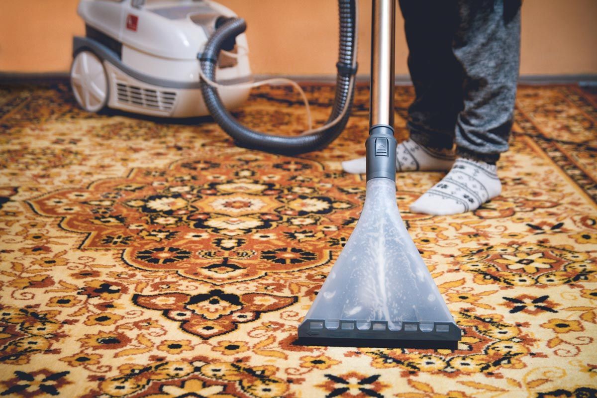 A person uses a wet vacuum cleaner to deep clean an intricately patterned, brown and beige carpet.