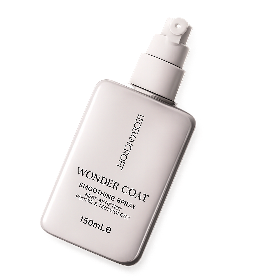 Hand holding a white Leo Bancroft hair product bottle in front of short dark brown hair