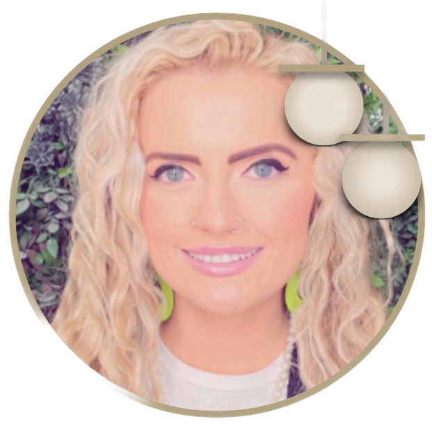 A woman with blonde hair is smiling in a circle