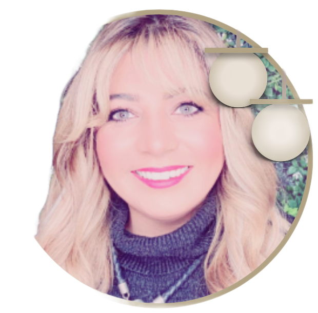 A woman with blonde hair is smiling in a circle