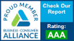 A proud member business consumer alliance logo with a check our report button