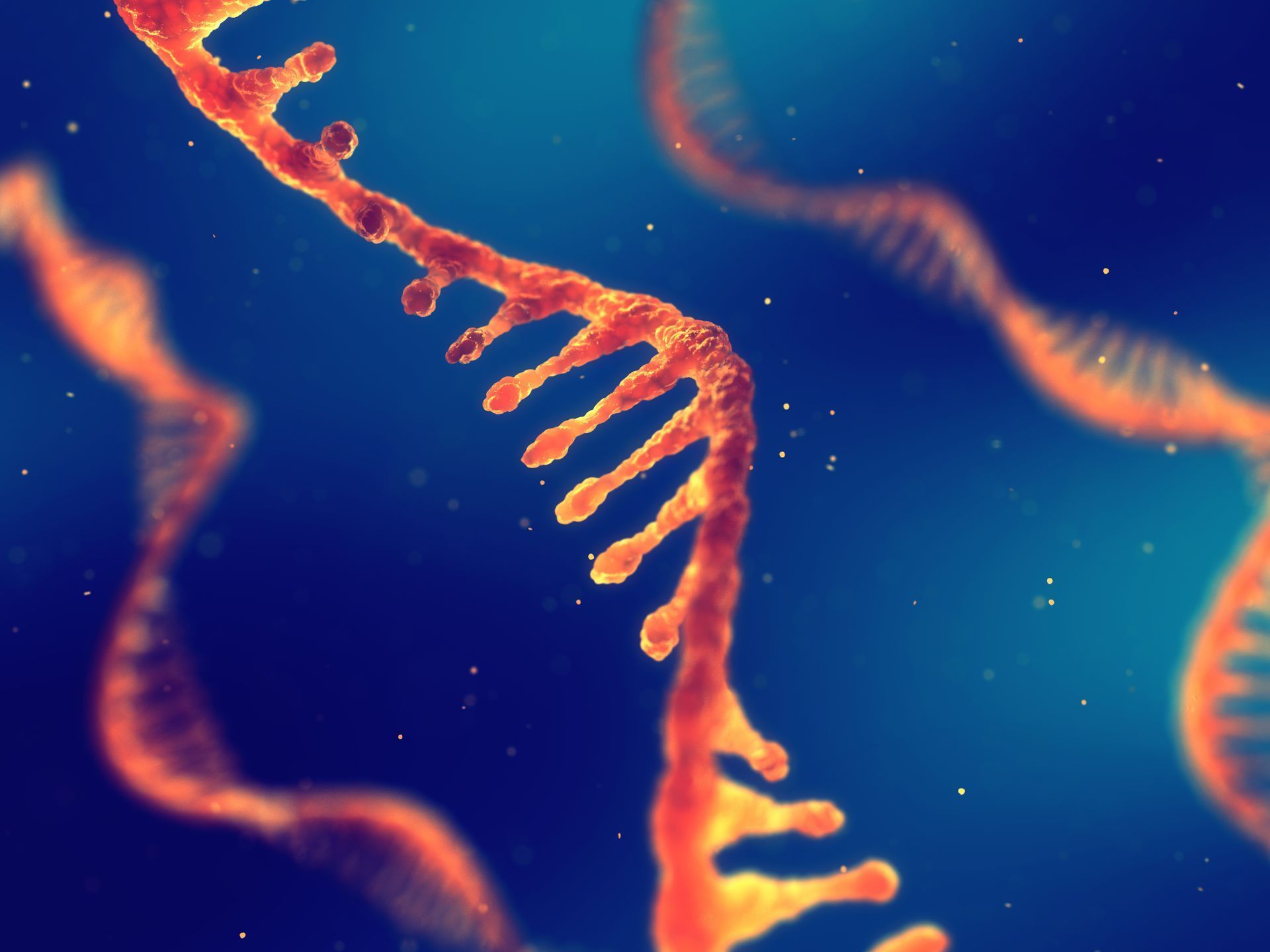 A computer generated image of a dna strand on a blue background