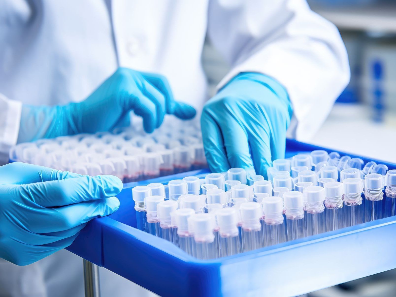 A scientist wearing blue gloves is holding a tray of test tubes.