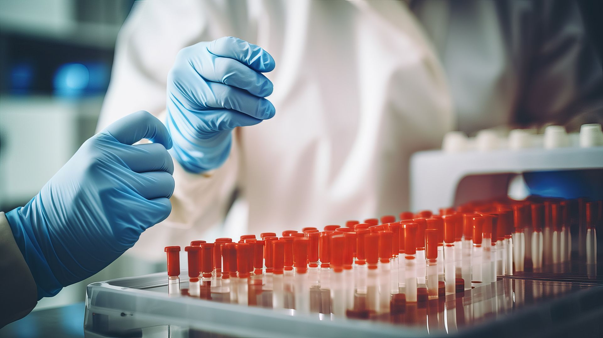 A scientist is holding a test tube in front of a tray of test tubes.