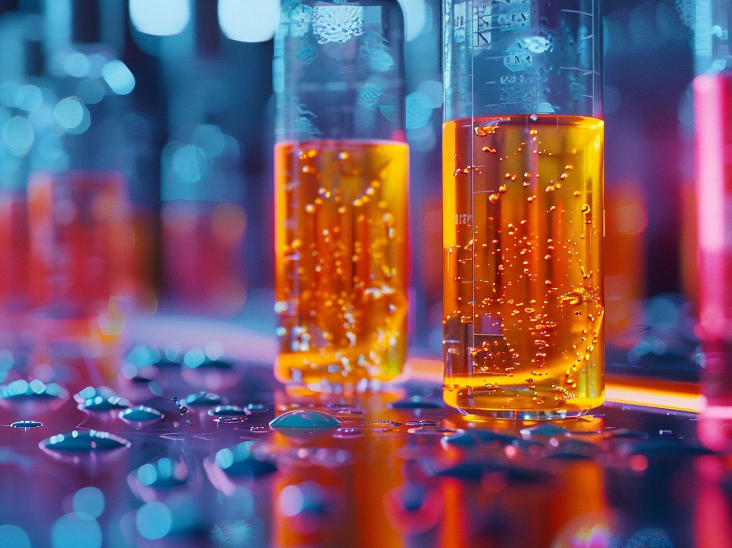 A close up of two glasses of liquid on a table.