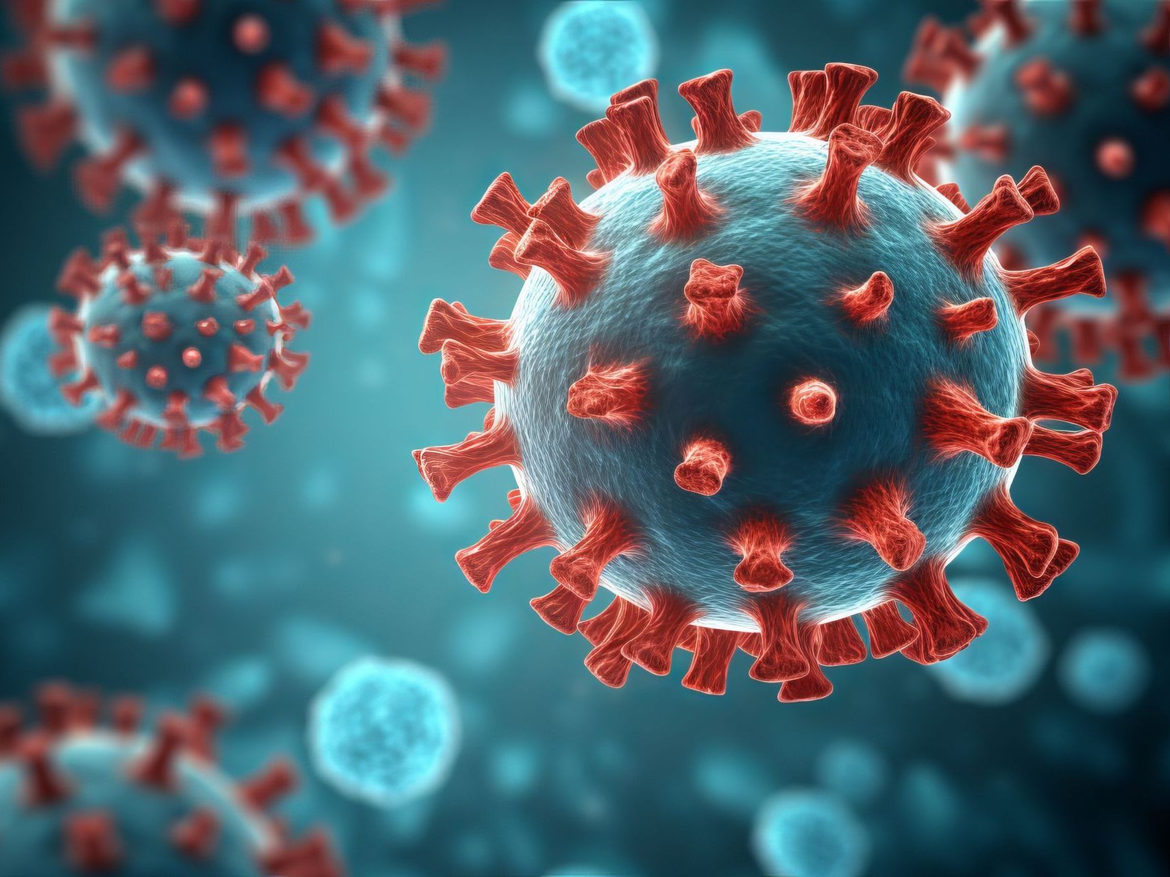 A computer generated image of a virus floating in the water.