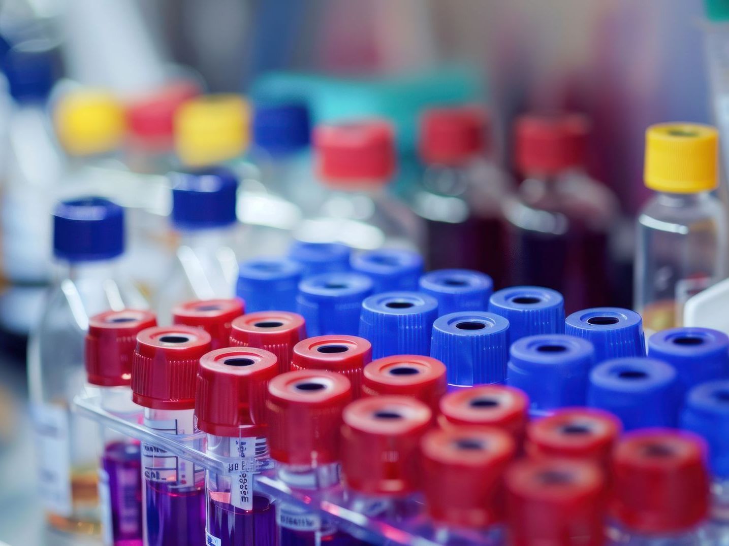 A row of test tubes filled with different colored liquids.